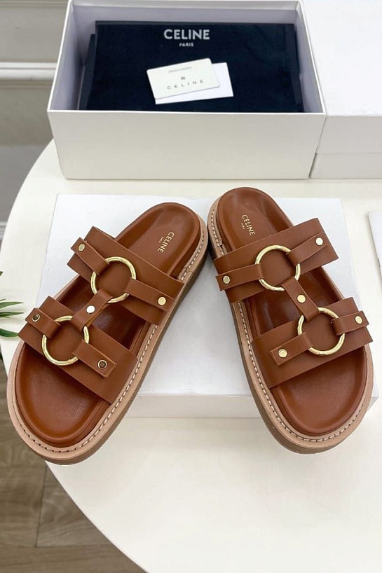 Женские кожаные шлёпанцы Celine Tippi - Chestnut