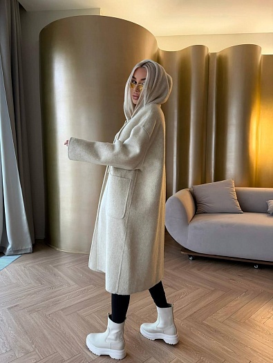 Женское шерстяное пальто с капюшоном MIU MIU Premium - Beige   