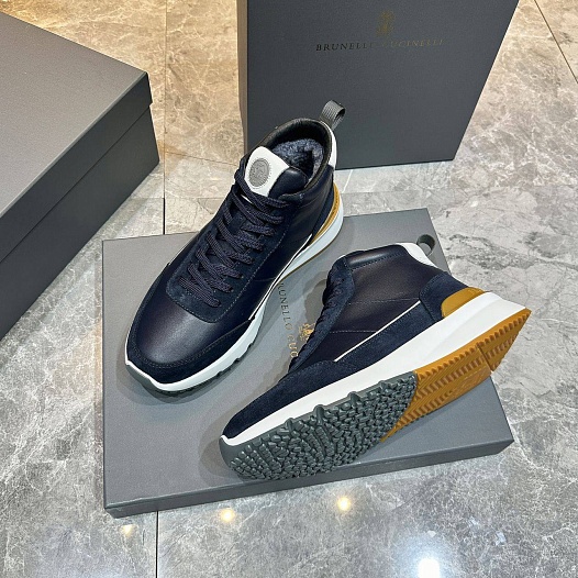 Кожаные кроссовки с мехом Brunello Cucinelli high-top - Navy   