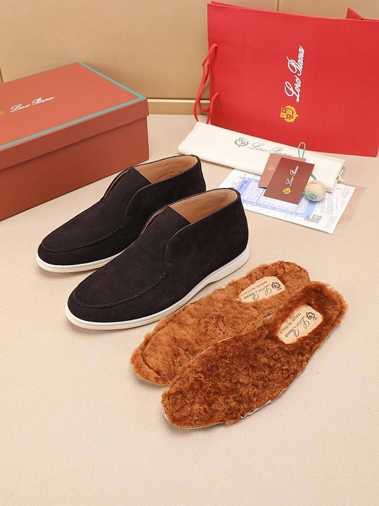 Замшевые лоферы с меховой стелькой Loro Piana Open Walk - Brown