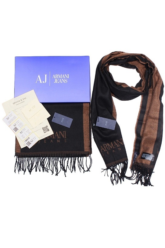 Брендовый тёмно-коричневый шарф с логотипом Armani Jeans 185x35 см