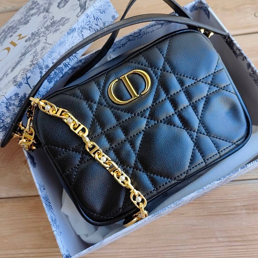 Женская кожаная сумка Dior Camera Caro Top Handle 17x15 см - Black   