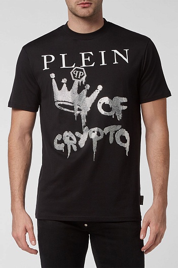 Чёрная футболка со стразами Philipp Plein king of crypto   