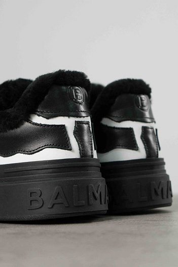 Кожаные кроссовки с мехом Balmain low-top - Black / White   