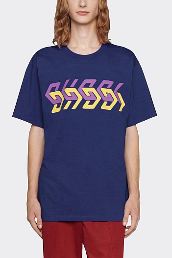 Синяя оверсайз футболка Gucci mirror-logo   
