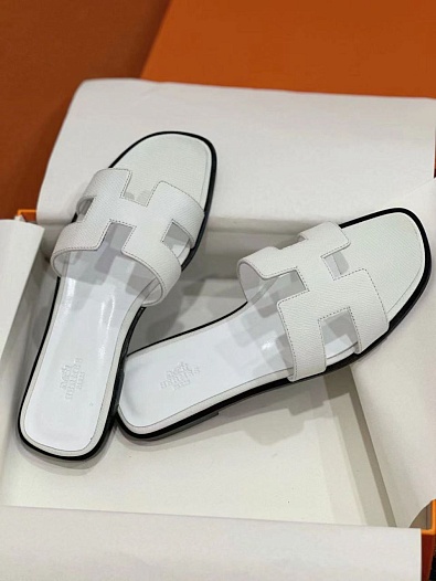 Женские кожаные шлёпанцы Hermes Premium - White   
