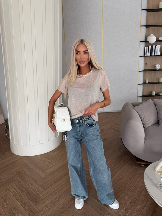 Женская бежевая футболка Chanel premium