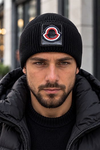Брендовая шапка Moncler чёрного цвета   