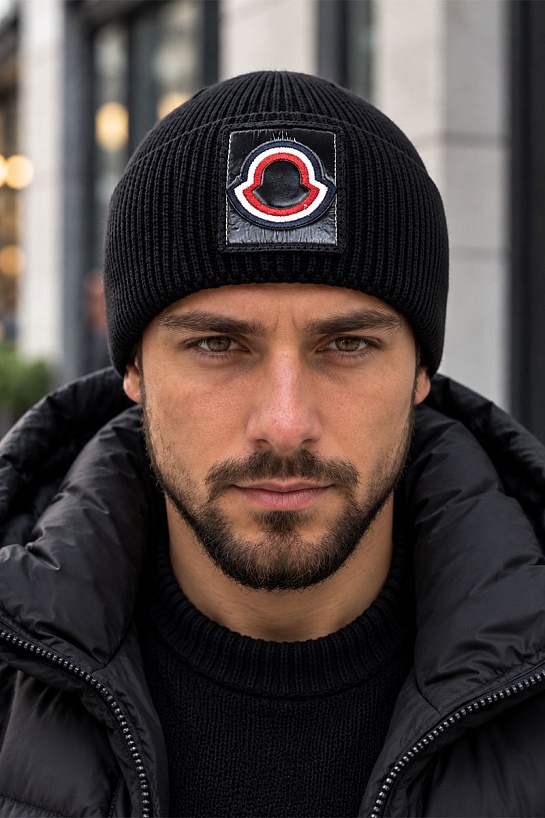 Брендовая шапка Moncler чёрного цвета