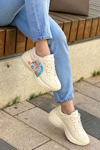 Женские кожаные кроссовки The North Face x Gucci Rhyton - Beige   