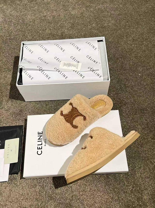 Женские меховые шлёпанцы Celine Triomphe premium