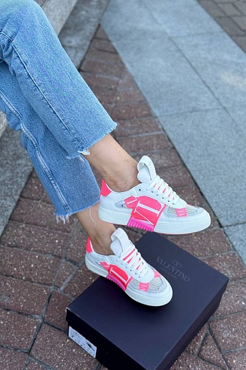 Женские комбинированные кроссовки Valentino "VLTN" - White / Pink   