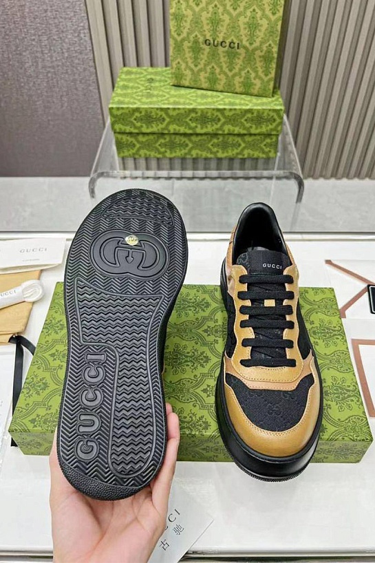 Мужские кожаные кроссовки Gucci - Beige / Black