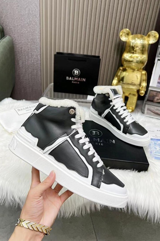 Кожаные кроссовки с мехом Balmain high-top - Black / White