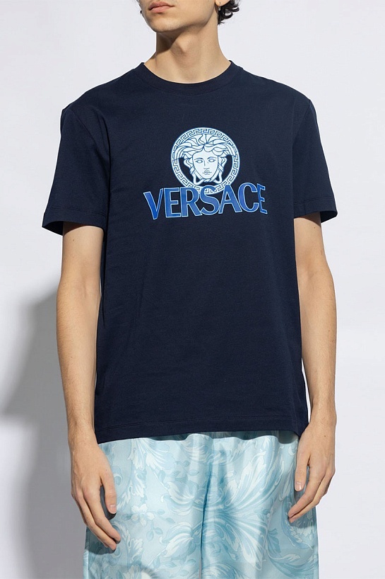 Мужская тёмно-синяя футболка Versace Medusa logo-print