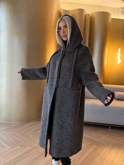 Женское шерстяное пальто с капюшоном MIU MIU Premium - Grey   