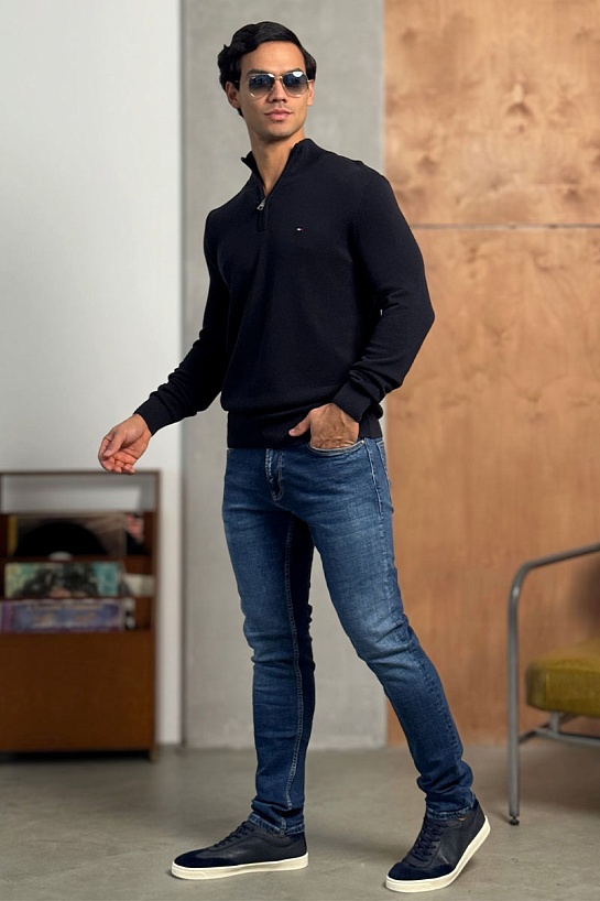 Тёмно-синий джемпер Tommy Hilfiger Zip Neck logo-embroidered