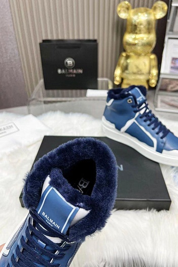 Кожаные кроссовки с мехом Balmain high-top - Blue / White   
