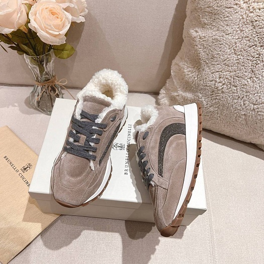 Женские замшевые кроссовки с мехом Brunello Cucinelli Premium   