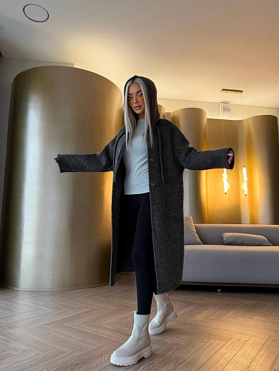 Женское шерстяное пальто с капюшоном MIU MIU Premium - Grey   