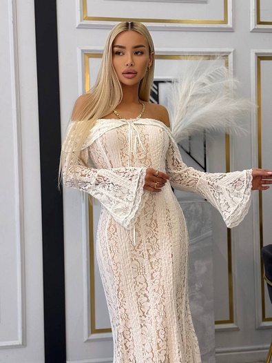 Кружевное женское платье с открытыми плечами MIU MIU   