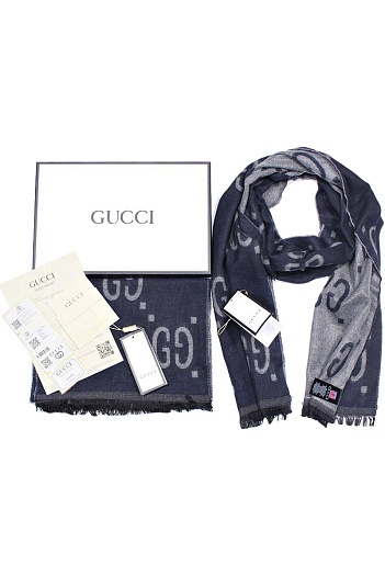 Мужской тёмно-синий шарф Gucci GG Monogram - Navy 185x35 см   