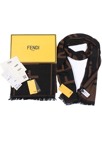 Брендовый тёмно-коричневый шарф с логотипом Fendi 185x35 см   
