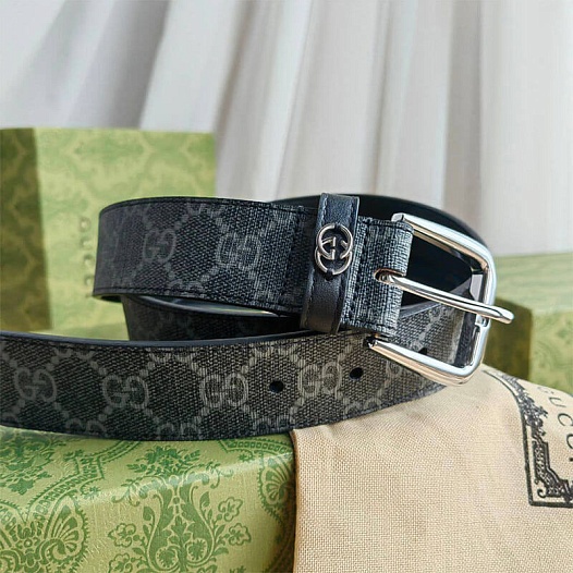 Брендовый ремень Gucci GG Monogram Black / Silver (длина 90 см)   