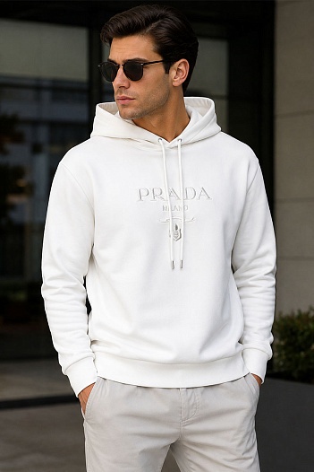 Мужское белое худи Prada logo-embroidered   