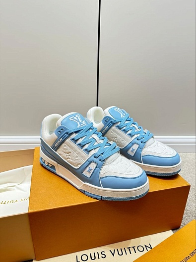 Женские кожаные кроссовки Louis Vuitton Trainer Monogram - White / Blue   
