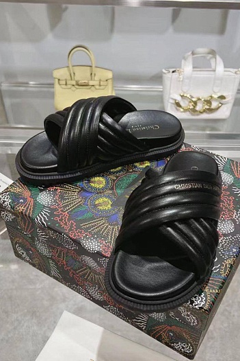 Женские кожаные шлёпанцы Dior D-Cross - Black   