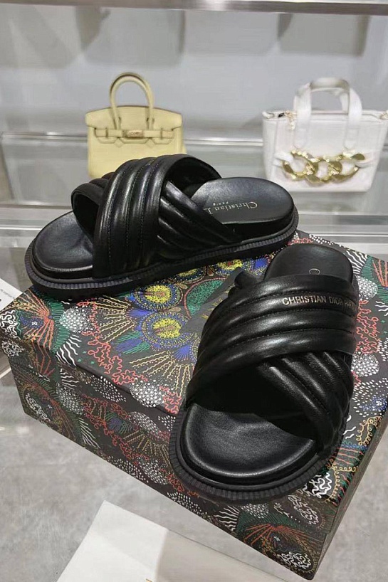 Женские кожаные шлёпанцы Dior D-Cross - Black