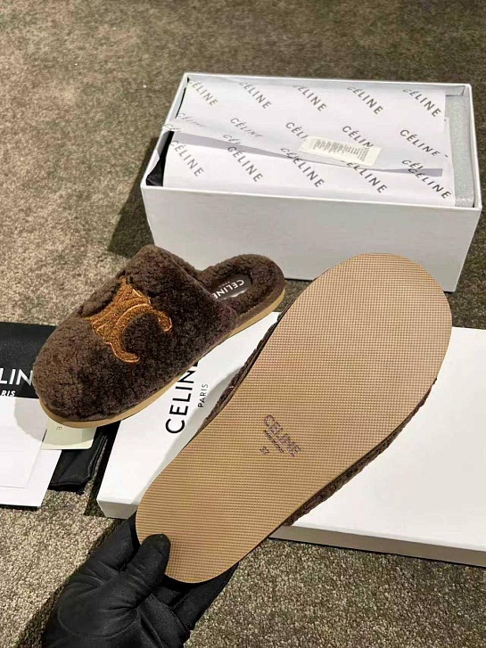 Женские меховые шлёпанцы Celine Triomphe premium