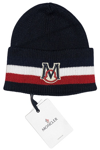 Мужская брендовая шапка Moncler тёмно-синего цвета   