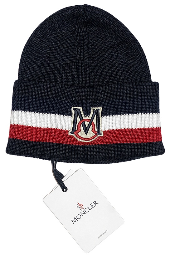 Мужская брендовая шапка Moncler тёмно-синего цвета