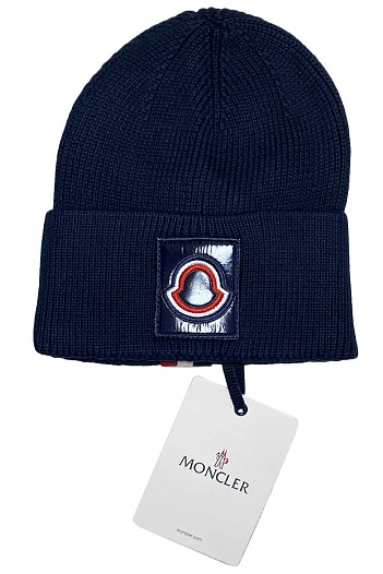 Брендовая шапка Moncler тёмно-синего цвета   