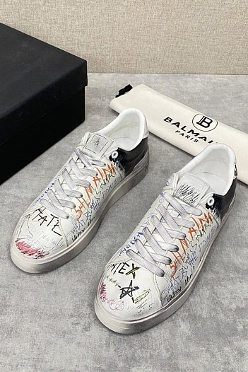 Белые кожаные кроссовки Balmain B-Court Graffiti   