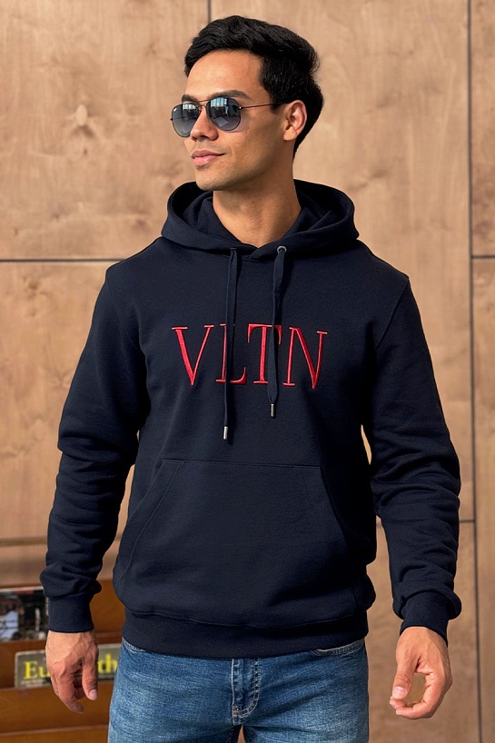Мужское тёмно-синее худи Valentino logo-embroidered