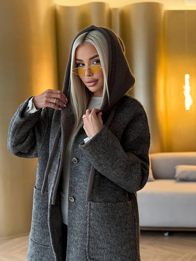 Женское шерстяное пальто с капюшоном MIU MIU Premium - Grey   