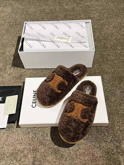 Женские меховые шлёпанцы Celine Triomphe premium   