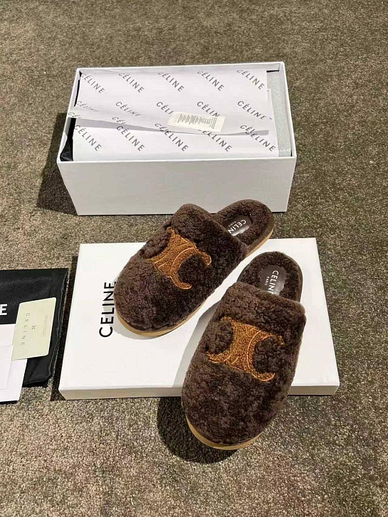 Женские меховые шлёпанцы Celine Triomphe premium