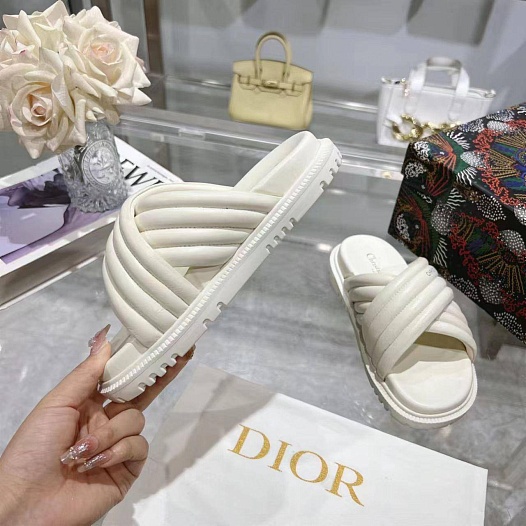 Женские кожаные шлёпанцы Dior D-Cross - White   