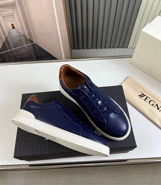 Кожаные кроссовки Ermenegildo Zegna синего цвета