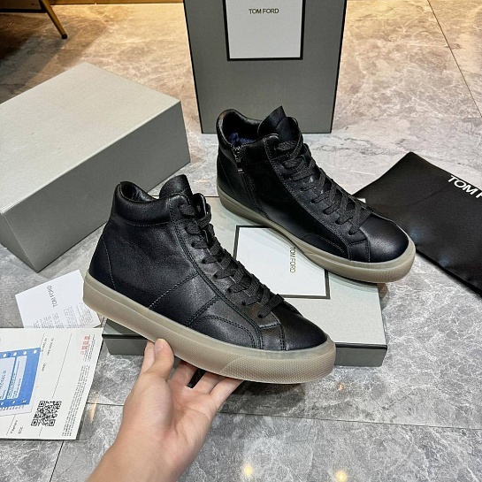 Кожаные кроссовки с мехом Tom Ford high-top - Black