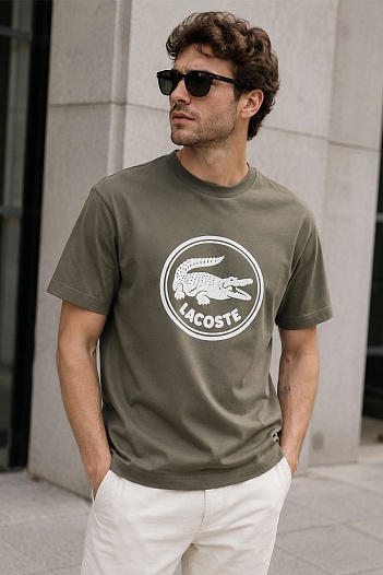 Мужская зелёная футболка Lacoste logo-print   