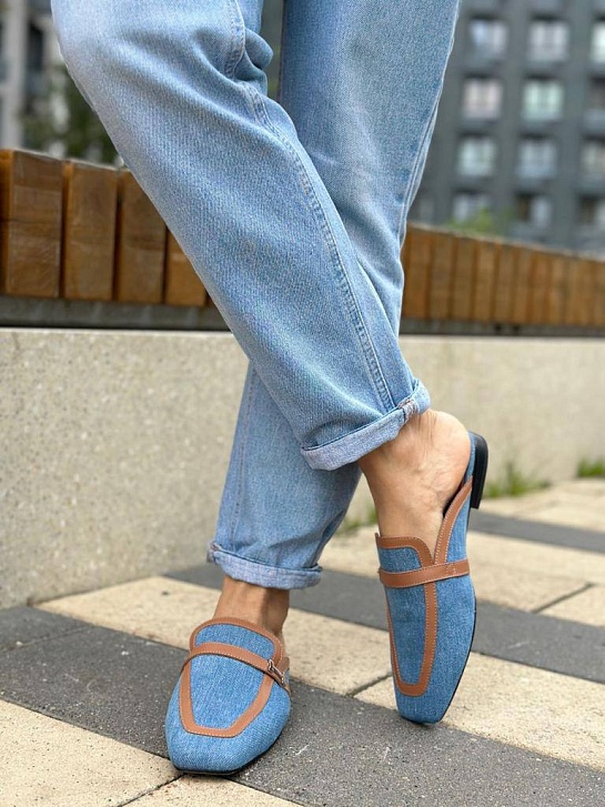 Женские кожаные мюли Hermes Groupie - Blue / Brown