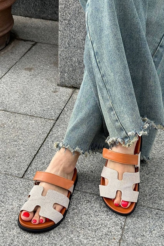 Женские кожаные сандалии Hermes Chypre - Brown / Beige