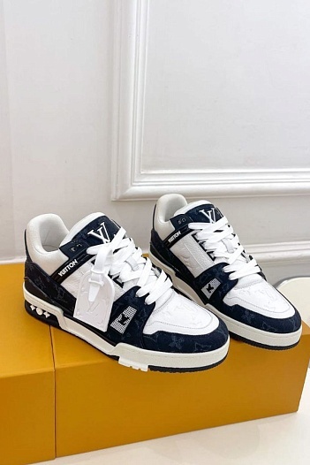 Женские кожаные кроссовки Louis Vuitton Trainer Monogram - White / Blue   