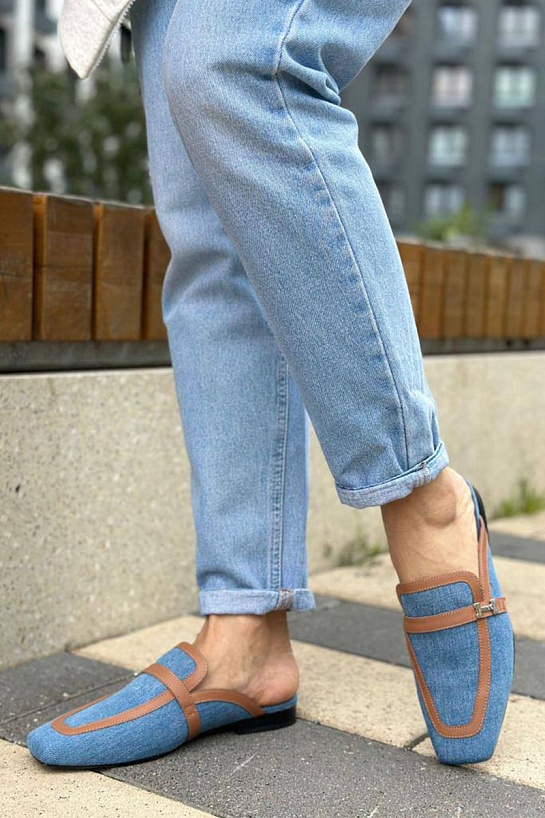 Женские кожаные мюли Hermes Groupie - Blue / Brown