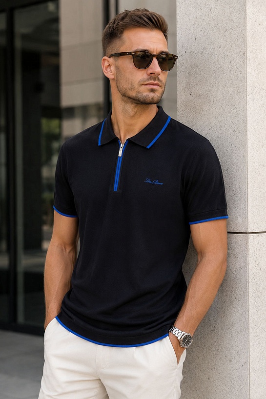 Мужское тёмно-синее поло Loro Piana zip-neck